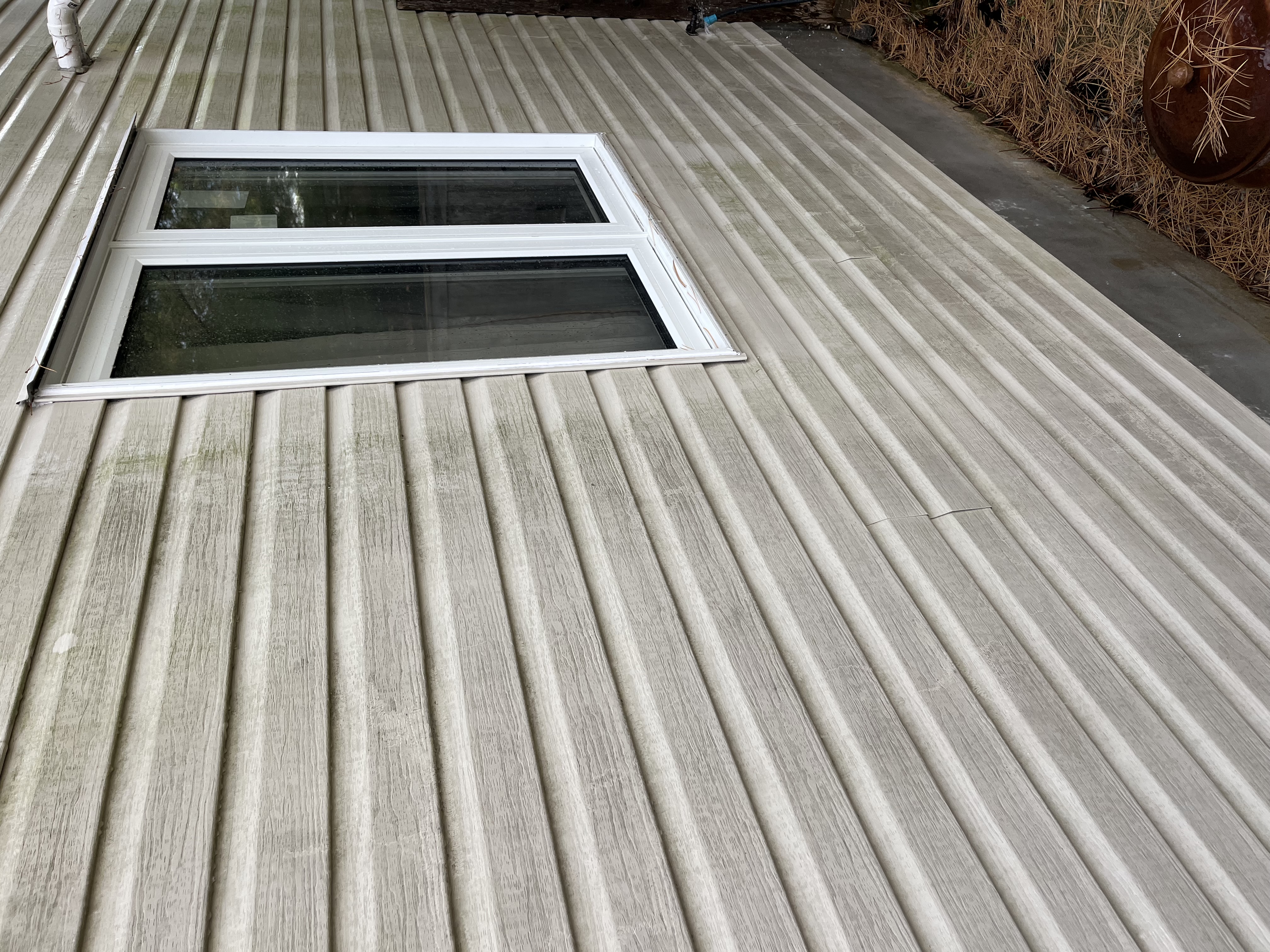 Siding before cleaning — green algae and grime buildup